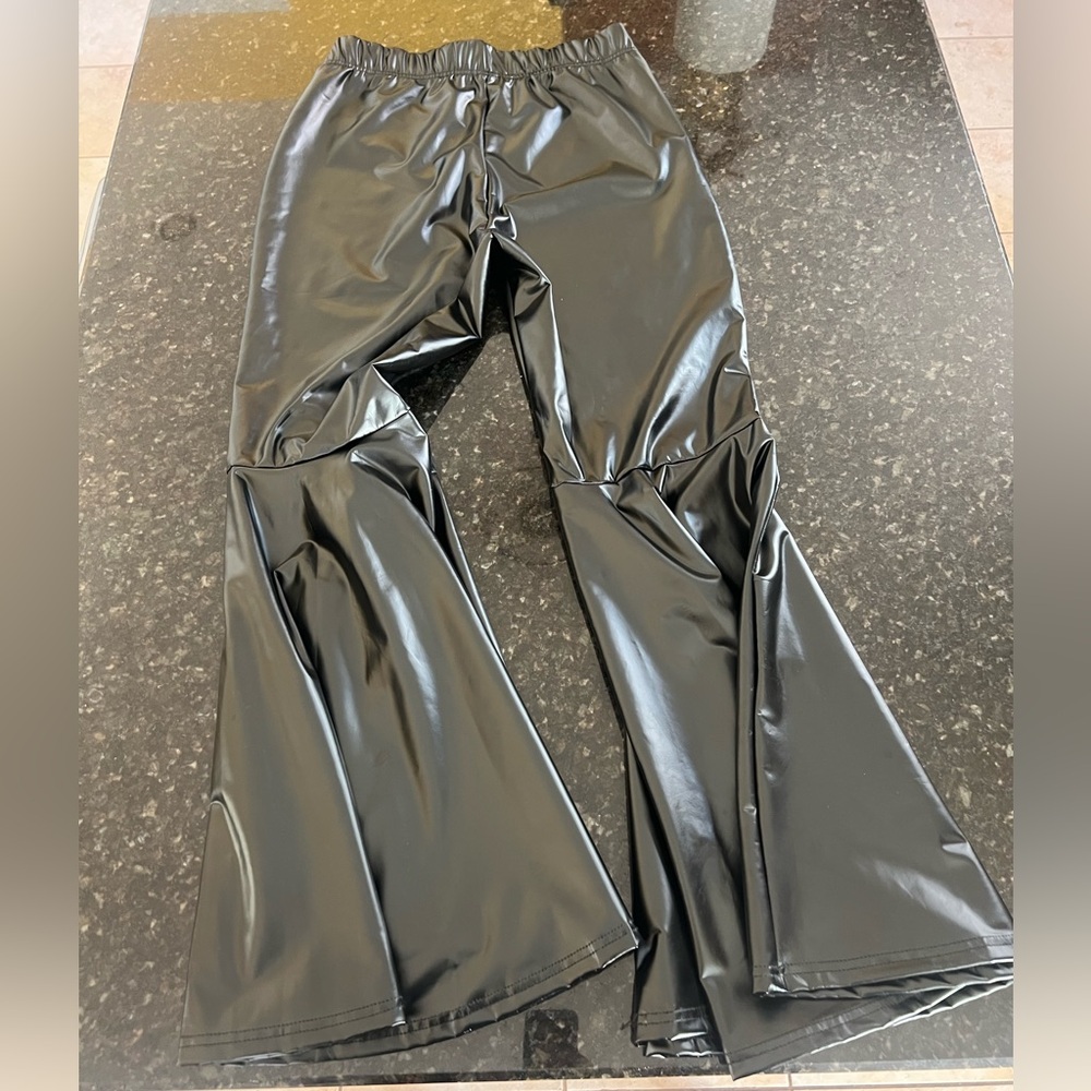 Black Faux Leather Flared Pants